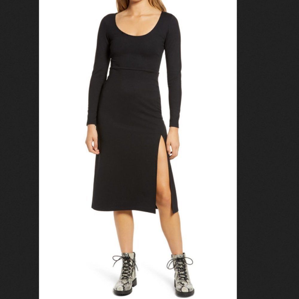 Leith Black Long Sleeve Slit Midi Dress Size Small